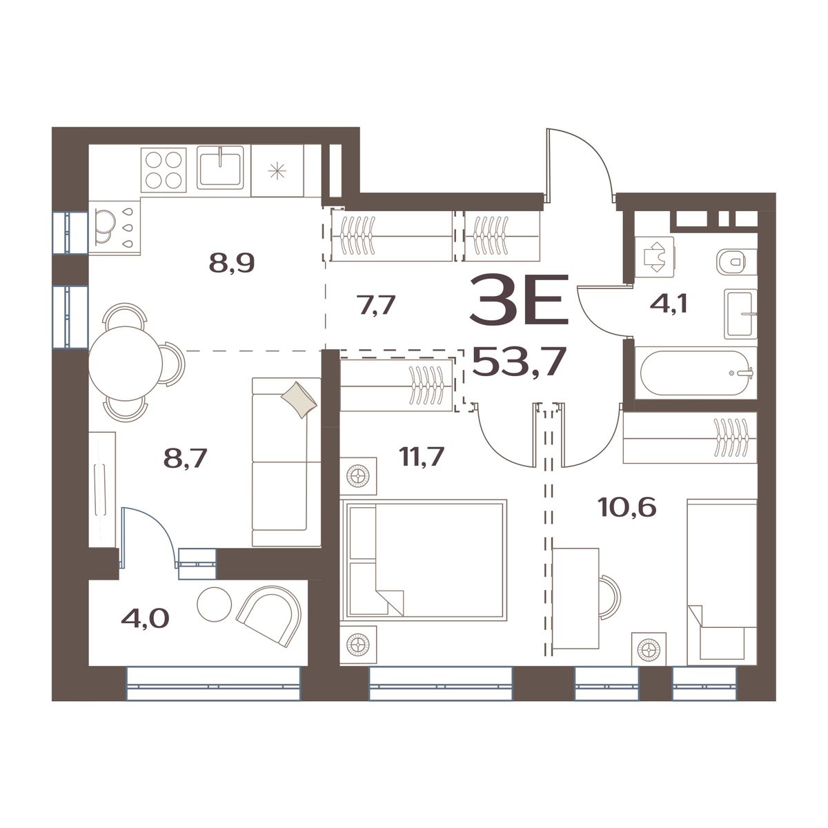 ЖК Меридианы Улисса, 2-комн кв 53,7 м2, за 7 804 000 ₽, 2 этаж